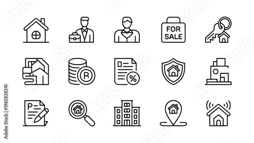 A collection of line icons representing real estate property housing and related services high quality