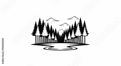 Stylized silhouette of a forest and water scene with clouds