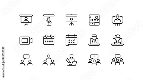 A collection of simple black line icons representing various aspects of business meetings and presentations