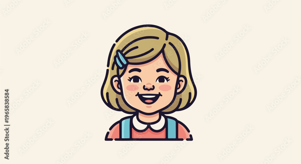 Obraz premium Cheerful cartoon girl with blonde bob haircut and blue hair clip
