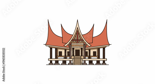 Traditional building with tiered red roof and dark pillars on stilts