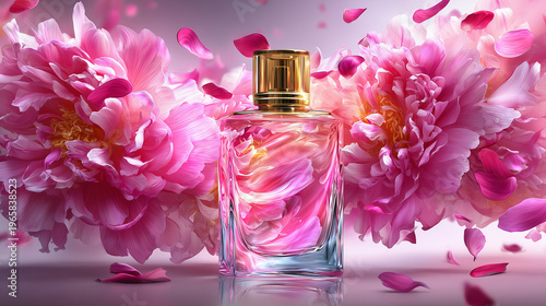 Un flacon de parfum en verre de luxe transparent, entouré d'une douce explosion de pétales de pivoine roses. Esthétique romantique, aérienne et lumineuse