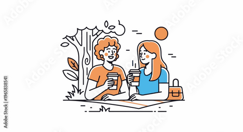 Two friends enjoying coffee outdoors near a tree