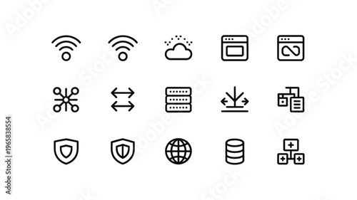 A collection of minimalist line icons representing various networking security and data concepts high quality
