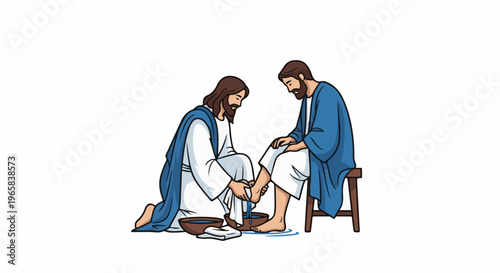 Two men in robes, one washes the other's feet in a bowl