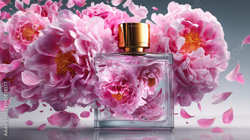 Un flacon de parfum en verre de luxe transparent, entouré d'une douce explosion de pétales de pivoine roses. Esthétique romantique, aérienne et lumineuse