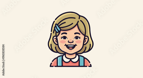 Cheerful cartoon girl with blonde bob haircut and blue hair clip
