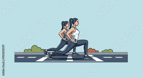 Two women in athletic wear lunging forward on a street