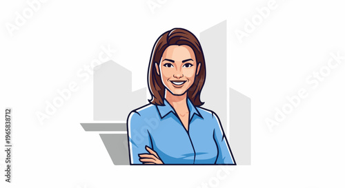 Confident businesswoman with arms crossed smiles against abstract cityscape backdrop