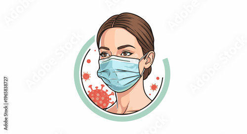 Woman wearing a protective mask against viruses within a circular frame