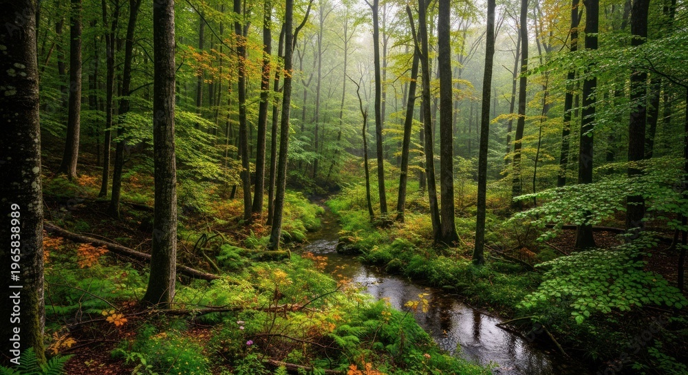 Fototapeta premium A misty forest scene reveals a winding creek cutting through a densely wooded area. Tall trees with vibrant green foliage line the creek banks, creating a sense of depth and tranquility.
