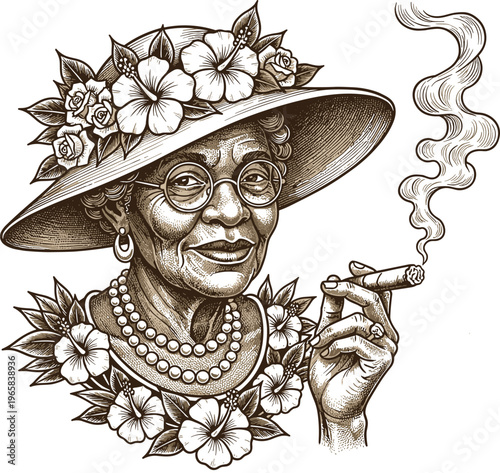 Elegant elderly African American woman wearing floral hat and pearl necklace smoking cigar hand drawn vintage engraving style vector illustration isolated on white background