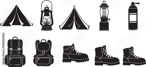 Black and white camping including tents backpacks boots lanterns and a canister