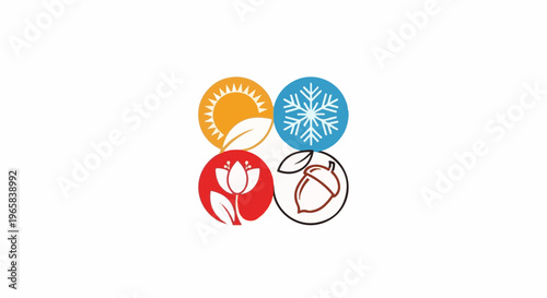 Four circular icons representing the seasons sun, snowflake, flower, acorn