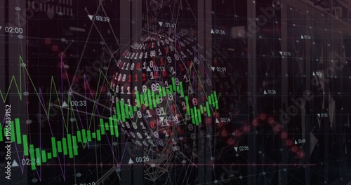 Animation of graph, binary codes forming rotating globe, numbers over connected dots by lines