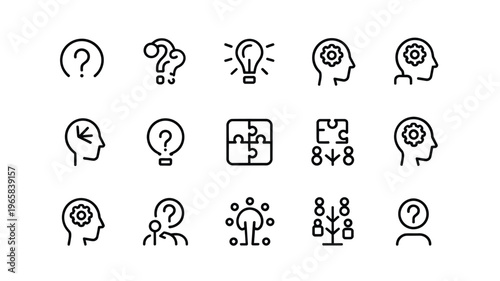 A collection of black linear icons representing thinking ideas problem solving and human intelligence concepts