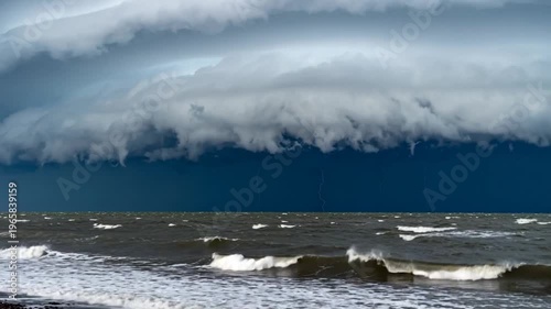 Dramatic coastal scene with ominous storm clouds, lightning strikes, and turbulent ocean waves