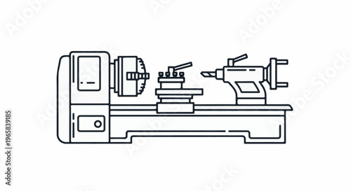 Line drawing of a metalworking lathe with a drill bit attached to the headstock