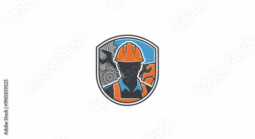 Construction worker silhouette with tools and gears in shield logo