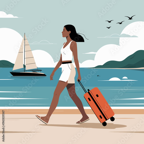 A woman walks on the beach with an orange suitcase in a sunny illustration