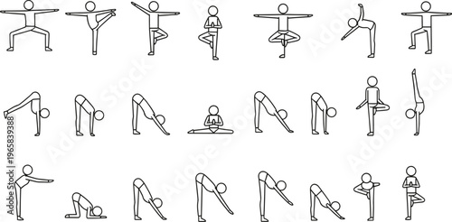 Large set of stick figure icons performing various yoga poses and stretching exercises in black line art style isolated on white background