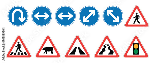 collection of various road traffic signs, mandatory blue circle and red triangle warning symbols, safety direction and hazard information icons, transportation regulation concept, clean modern vector 