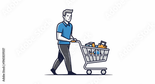 Person pushing a full shopping cart with bags and boxes