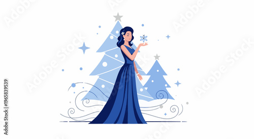Elegant woman in blue dress holding snowflake with winter trees