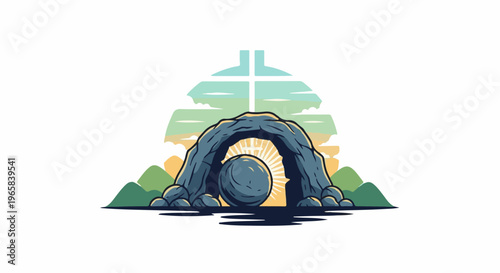 Empty tomb with a rolling stone and sunbeams, a cross silhouette