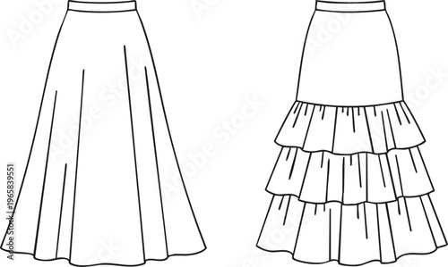 Black and white line of two long skirts ruffled skirt plain skirt