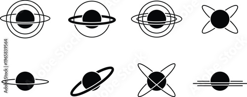 Set of eight planet and atom silhouettes with orbiting rings in black vector style isolated on white background for space science logo design
