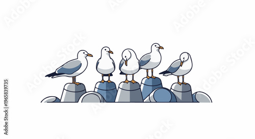 Five white and gray birds perch on stacked rocks along a shore