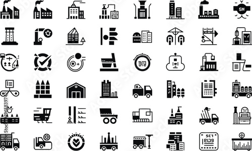 Industry and manufacturing icons: factory, production, logistics, warehousing, transport, technology, construction, automation, robot, building