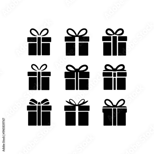 A set of gift box icons in black silhouette on a light background