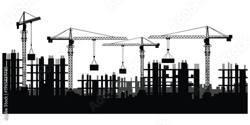 Urban construction site with multiple tower cranes lifting loads, modern city development and industrial building process, flat vector illustration