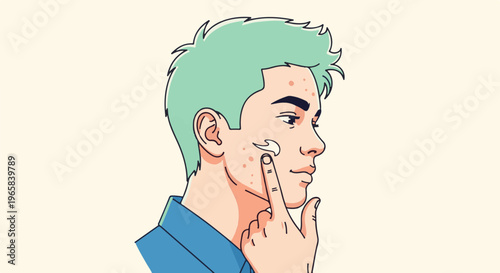 Person with light skin and green hair applying cream to their face