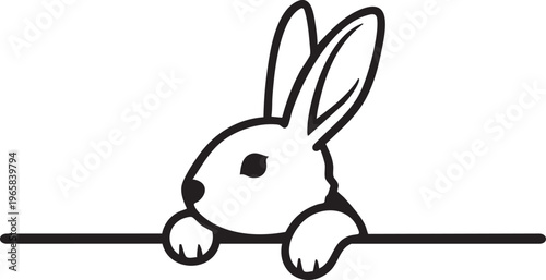 A black and white illustration of a cute rabbit peeking over a line