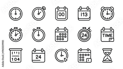 Collection of linear icons depicting various time related concepts including clocks calendars and timers
