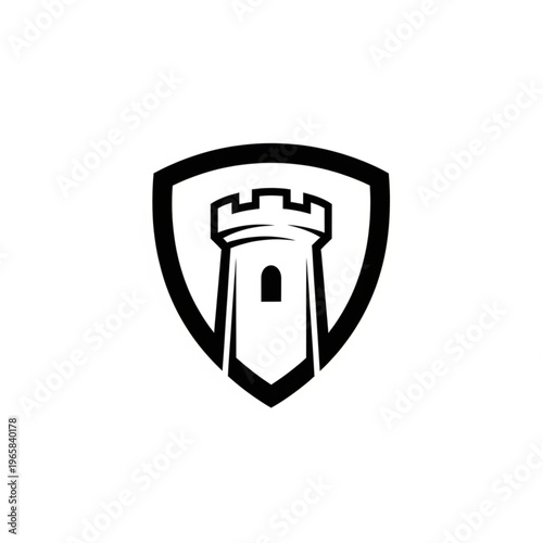 Shield emblem featuring a stylized tower, symbolizing security and strength.