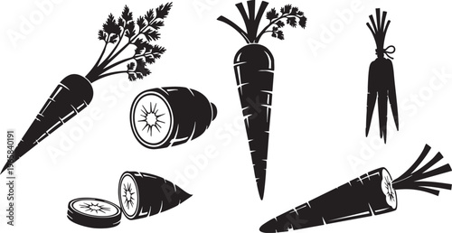 Black and white of whole and cut carrots vegetables whole carrots