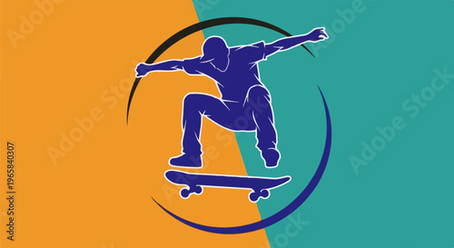 Silhouette of skateboarder performing trick on half orange, half teal background