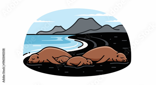 Seals nap on a black sand beach beside the ocean with mountains in the background