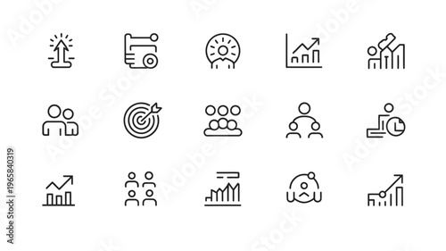 Collection of minimalist line icons depicting business growth strategy and people management concepts high quality