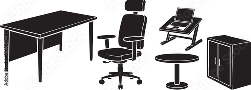 Black and white office furniture desk chair table