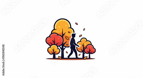 Silhouette walks through colorful autumn trees with falling leaves