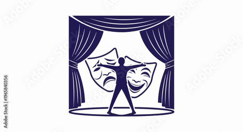 Silhouette stands on stage beneath curtains with theatrical masks