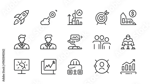 Collection of business and technology related line icons representing growth strategy and teamwork high quality