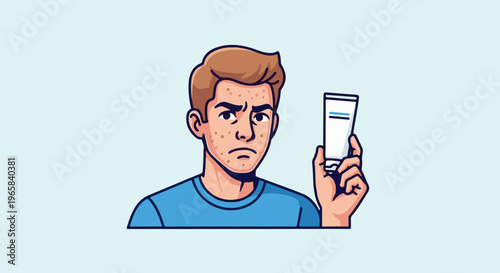 Man with acne frowns while holding a tube of cream