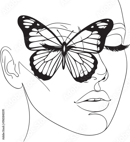 A black and white line drawing of a womans face with a butterfly covering her eye