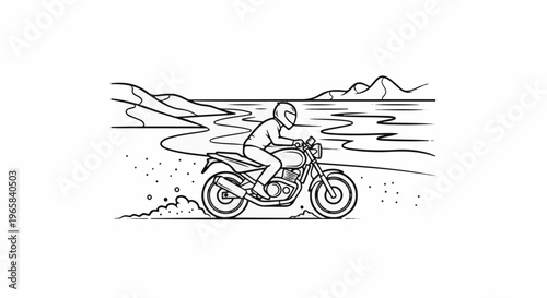Rider on motorcycle speeding through a landscape with water and hills